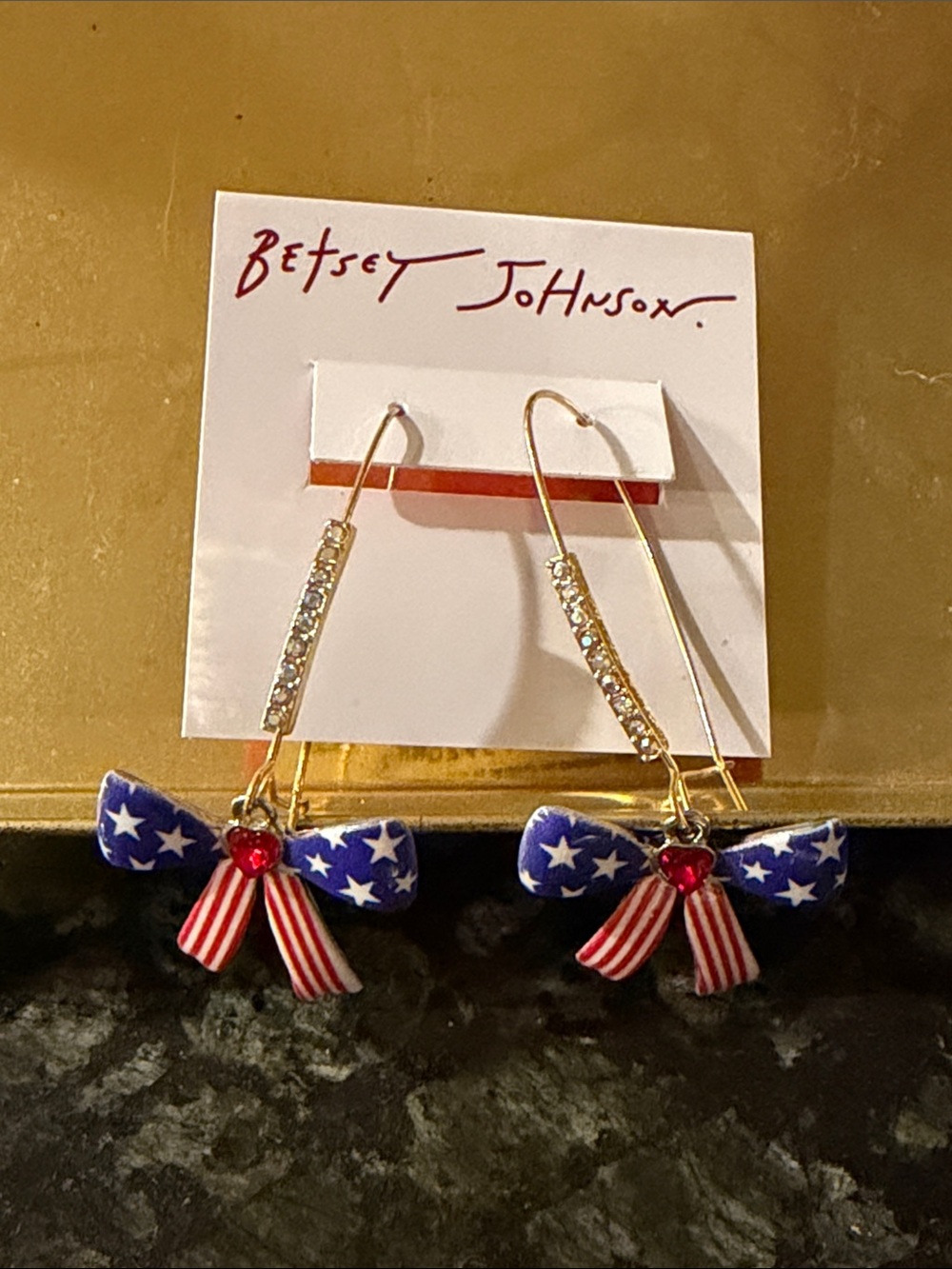 Betsey Johnson Patriotic Bow Drop Earrings - Red White Blue Gold Hoops